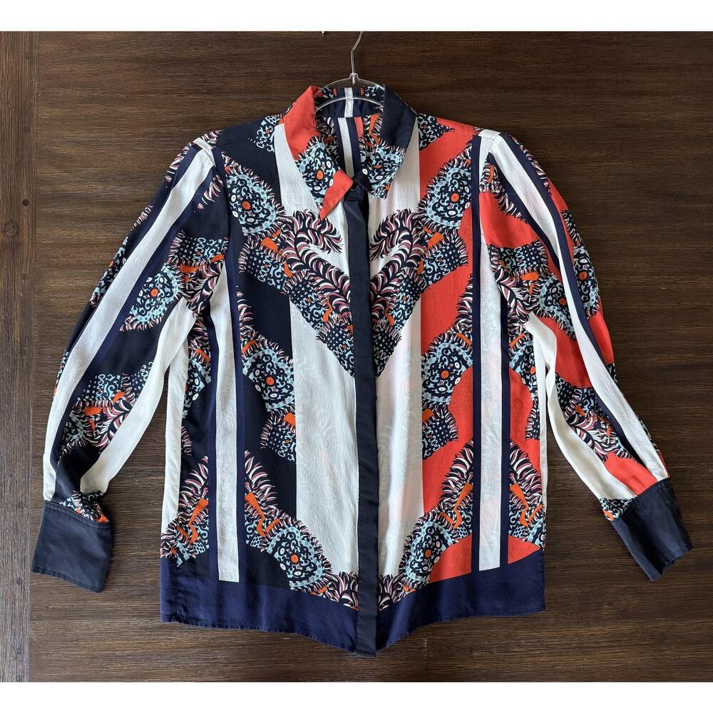 100% Silk Blouse Shirt Womens Medium Scarf Print Button Up Long Sleeve Top